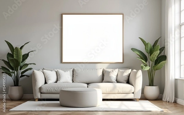 Fototapeta Frame mockup, ISO A paper size. Living room wall poster mockup. Interior mockup with house background. Modern interior design. 3D render. High quality
