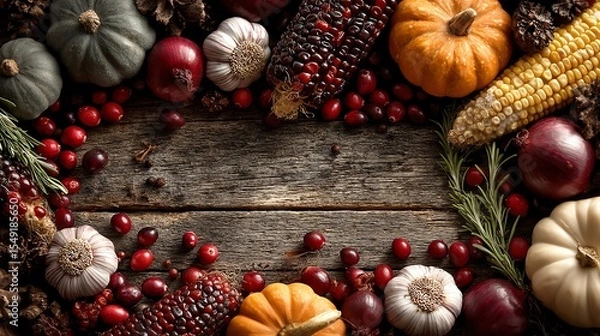 Obraz Colorful harvest display featuring pumpkins and seasonal fruits.