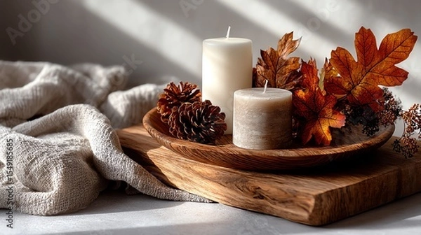 Obraz Cozy autumn scene with candles and natural decor elements.