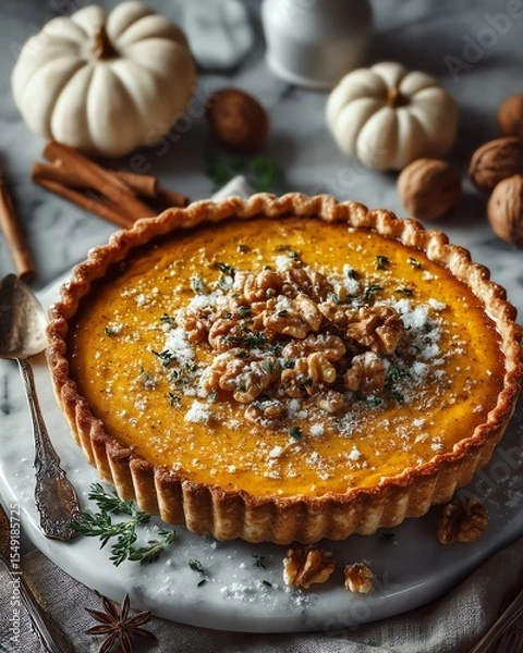 Obraz Delicious pumpkin pie topped with walnuts and decorative spices.