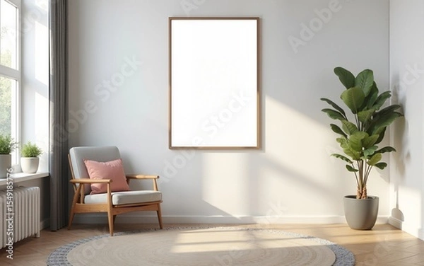 Fototapeta Frame mockup, ISO A paper size. Living room wall poster mockup. Interior mockup with house background. Modern interior design. 3D render. High quality