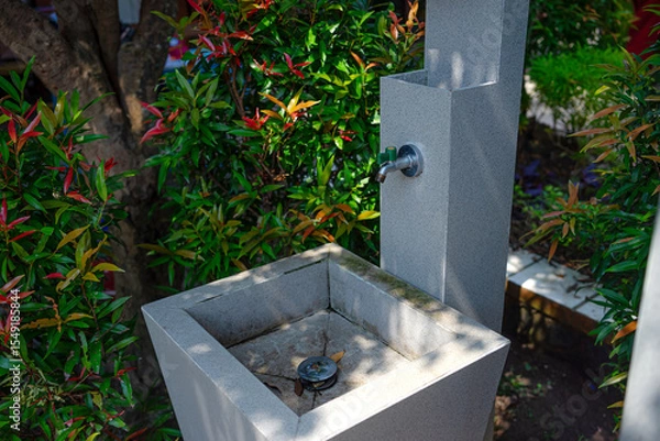 Fototapeta An outdoor sink with a metal faucet surrounded by green and red ornamental plants. The modern stone structure is situated in a shaded garden area, evoking cleanliness and nature.