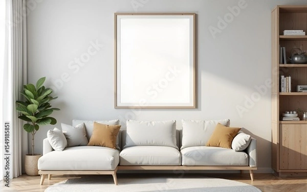 Fototapeta Frame mockup, ISO A paper size. Living room wall poster mockup. Interior mockup with house background. Modern interior design. 3D render. High quality
