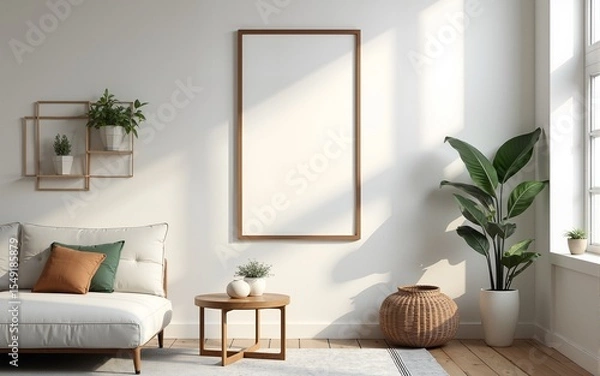 Fototapeta Frame mockup, ISO A paper size. Living room wall poster mockup. Interior mockup with house background. Modern interior design. 3D render. High quality