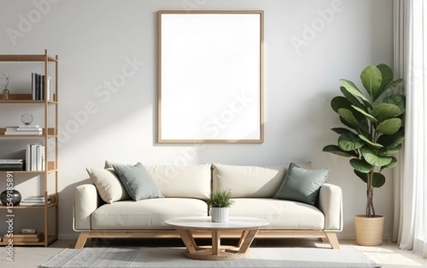 Fototapeta Frame mockup, ISO A paper size. Living room wall poster mockup. Interior mockup with house background. Modern interior design. 3D render. High quality