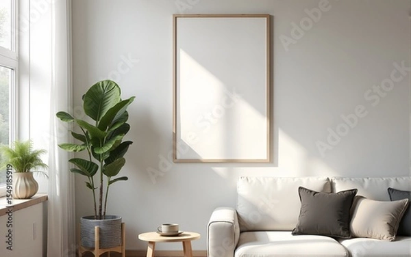 Fototapeta Frame mockup, ISO A paper size. Living room wall poster mockup. Interior mockup with house background. Modern interior design. 3D render. High quality
