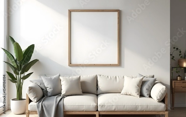 Fototapeta Frame mockup, ISO A paper size. Living room wall poster mockup. Interior mockup with house background. Modern interior design. 3D render. High quality