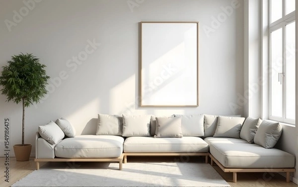 Fototapeta Poster mockup in a modern living room interior. Frame mockup with ISO A paper size. 3D illustration. High quality