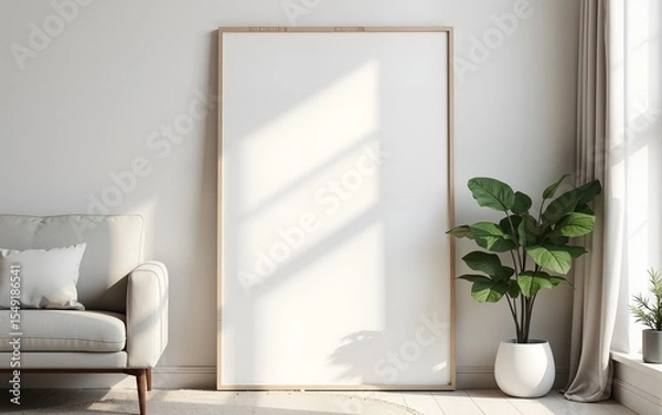 Fototapeta Frame mockup, ISO A paper size. Living room wall poster mockup. Interior mockup with house background. Modern interior design. 3D render. High quality