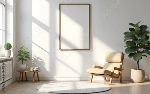 Fototapeta Frame mockup, ISO A paper size. Living room wall poster mockup. Interior mockup with house background. Modern interior design. 3D render. High quality