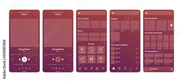 Fototapeta Music player application user interface mockup template with buttons. Modern mobile phone streaming app colorful UI layout vector illustration