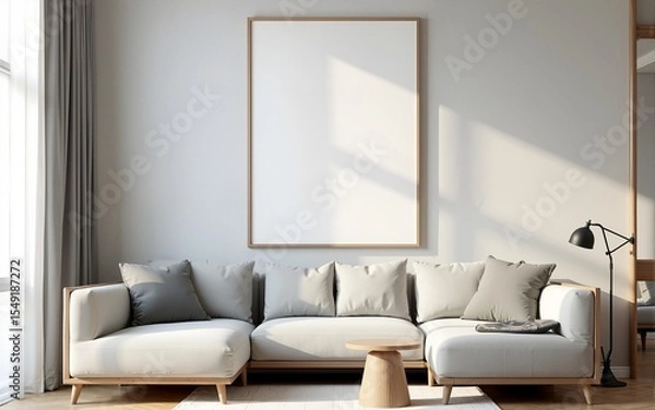 Fototapeta Single vertical ISO A3 frame mockup, reflective glass, mockup poster on the wall of living room. Interior mockup. Apartment background. Modern interior design. 3D render. High quality