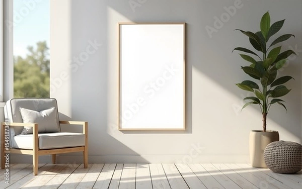 Fototapeta Frame mockup, ISO A paper size. Living room wall poster mockup. Interior mockup with house background. Modern interior design. 3D render. High quality
