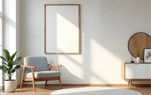 Fototapeta Poster mockup in a modern living room interior. Frame mockup with ISO A paper size. 3D illustration. High quality