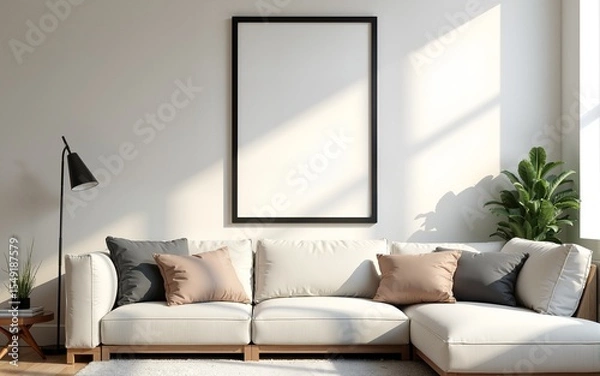 Fototapeta Frame mockup, ISO A paper size. Living room wall poster mockup. Interior mockup with house background. Modern interior design. 3D render. High quality