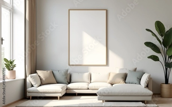 Fototapeta Frame mockup, ISO A paper size. Living room wall poster mockup. Interior mockup with house background. Modern interior design. 3D render. High quality