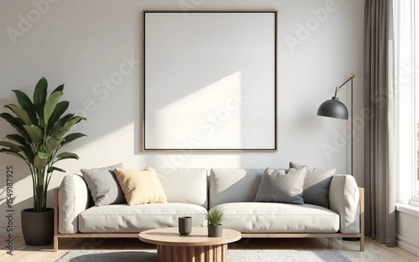 Fototapeta Frame mockup, ISO A paper size. Living room wall poster mockup. Interior mockup with house background. Modern interior design. 3D render. High quality