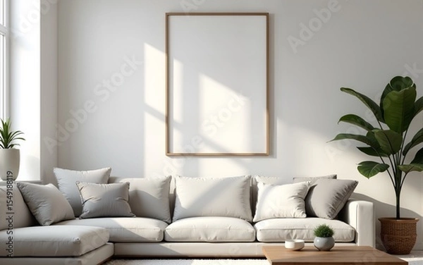 Fototapeta Frame mockup, ISO A paper size. Living room wall poster mockup. Interior mockup with house background. Modern interior design. 3D render. High quality