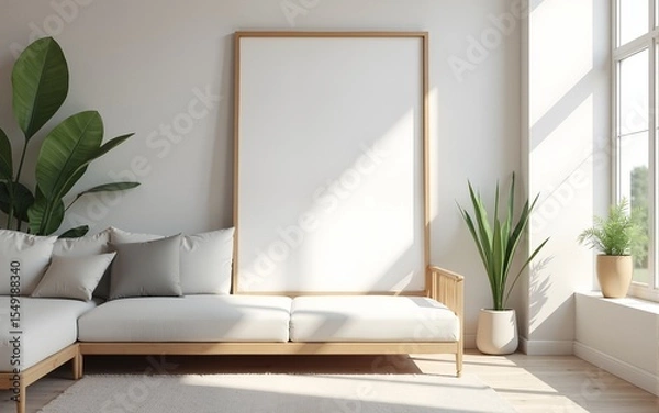 Fototapeta Frame mockup, ISO A paper size. Living room wall poster mockup. Interior mockup with house background. Modern interior design. 3D render. High quality