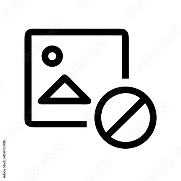 Obraz Black and white icon of a photo with a prohibition sign overlay, symbolizing restricted media access, blocked images, or content denial.
