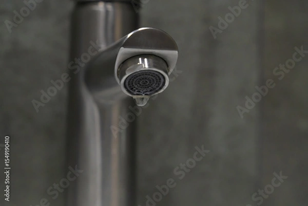 Obraz Close-up of a dripping faucet wasting water, highlighting the importance of water conservation and plumbing maintenance with a blurred background