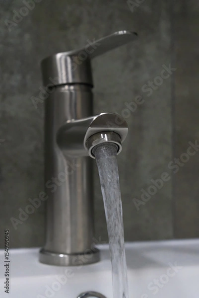 Obraz Clean water flowing from a brushed nickel faucet in a bathroom creates a refreshing atmosphere, emphasizing hygiene and promoting a sense of purity and wellness in the space. Vertical photo