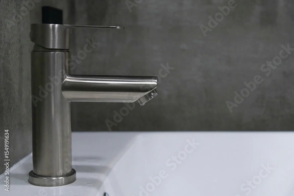 Obraz Stainless steel faucet and white ceramic sink create a stylish and functional space in a modern bathroom, showcasing contemporary design and clean aesthetics