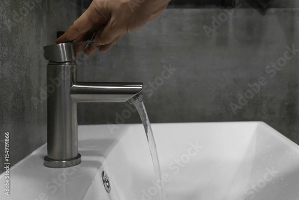Obraz Opening a brushed metal faucet above a pristine white sink, a hand directs a stream of fresh water flowing into the basin, contrasting beautifully with the dark gray tiled wall
