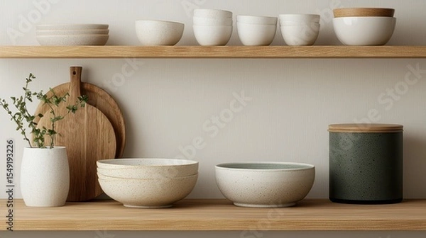 Fototapeta Minimalist ceramic tableware elegant display for modern kitchens