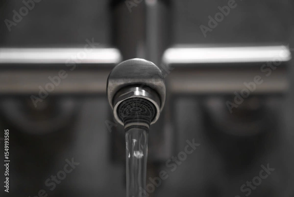 Obraz Clean water flowing from a brushed metal faucet aerator in a contemporary bathroom, creating an atmosphere of hygiene and refreshment while enhancing modern interior design