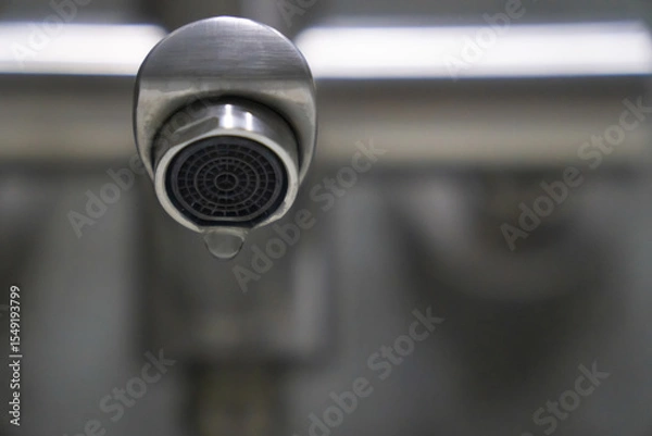 Obraz Dripping water from a modern faucet in a bathroom highlights the issue of water waste and emphasizes the crucial need for conserving valuable water resources indoors