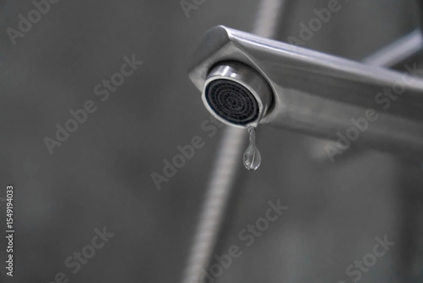 Obraz Close-up view of a dripping faucet in a modern bathroom, emphasizing water waste and underscoring the urgent need for repair or replacement to prevent resource loss