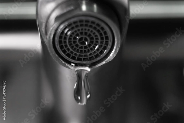 Obraz Close-up view of water dripping from a faucet spout, emphasizing the importance of water conservation and the need for reducing waste in both kitchen and bathroom settings