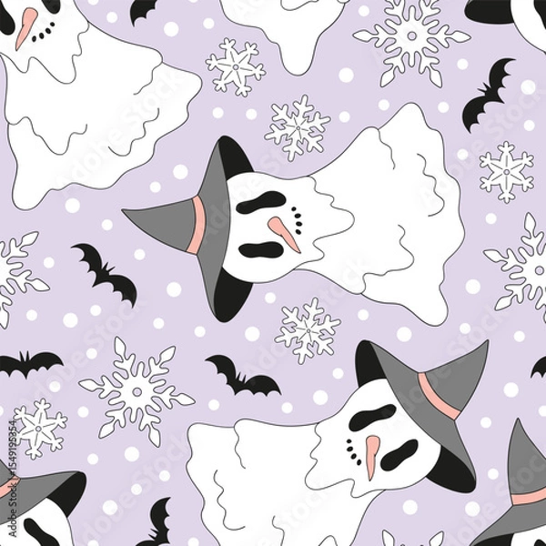 Fototapeta Retro Whimsical Sheet Ghost Snowmen in Witch Hat, bats and snowflakes Halloween Christmas fusion vector Seamless Pattern. Perfect for quirky holiday wrapping paper, spooky seasonal textiles, festive
