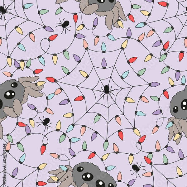 Fototapeta Whimsical Spooky Halloween Christmas Fusion vector Seamless Pattern with festive Garland Cobwebs and Cute Spiders. Ideal for quirky holiday decor, festive wrapping paper, party invitations, and creepy