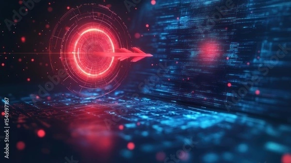 Fototapeta Red arrow hitting digital target on laptop, code background, cybersecurity concept