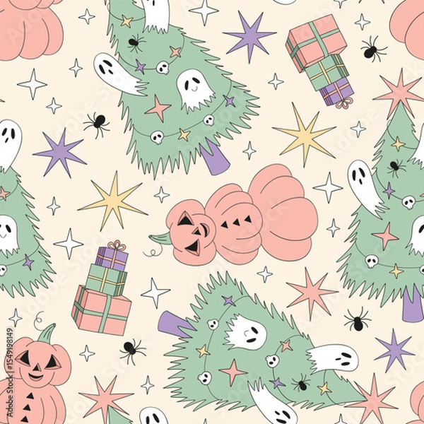 Fototapeta Retro Groovy Pumpkin Snowmen, Christmas Tree with Sheet Ghosts, and Holiday Presents Halloween Christmas mix vector Seamless Pattern. Great for alternative festive wrapping paper, quirky seasonal