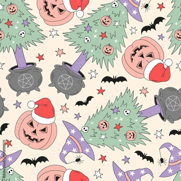 Fototapeta Spooky Retro Christmas vector seamless Pattern with Pumpkin Jack-o-Lanterns in Santa hat, Witchy Trees in Cauldrons with Pentagrams. A perfect blend of Halloween and Christmas vibes for holiday