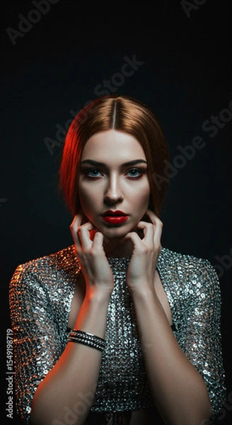 Fototapeta Stunning portrait of a model in a sleek, high‑contrast studio setting, wearing a shimmering metallic silver knit halter top paired with glossy, sculptural sleeves and high-waist bottoms.