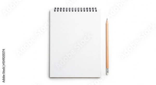 Fototapeta Minimalist flat lay shows a white spiral notebook with a wooden pencil against a white backdrop.