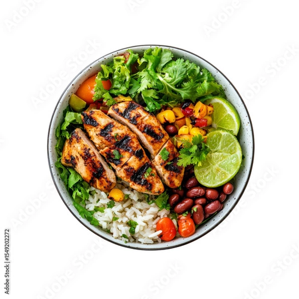 Fototapeta Delicious Grilled Chicken and Rice Bowl with Salsa and Lime