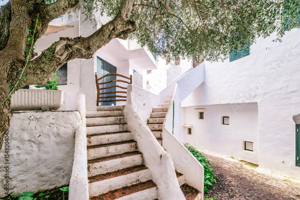 Fototapeta Whitewashed Architecture With Winding Staircase and Olive Tree in Binibeca Vell. Menorcan Coastal Village, Traditional Design, Mediterranean Sunlight