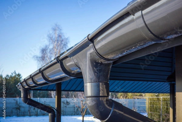 Fototapeta Plastic gutter and drainage system for water from melted snow and rain.