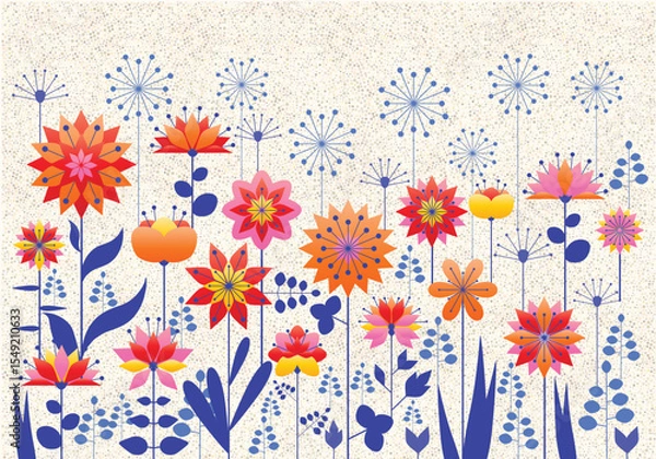 Obraz colour vector summer holidays or happy easter card with flat folk style flowers on grunge grain background, floral background with noise texture and place for your text, abstract grainy background