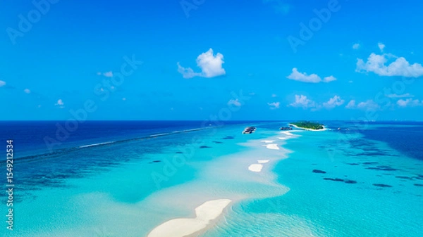 Fototapeta Aerial view in the island with white sand beach as coastline in summer Maldives