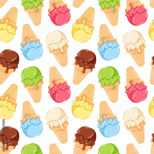 Fototapeta Seamless pattern with colorful cartoon ice cream cone in waffle isolated on a white background. Ideal for summer packaging, kids product, textile and dessert themed background.