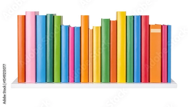 Fototapeta A row of colorful books neatly arranged on a white shelf, showcasing various vibrant hues and sizes.