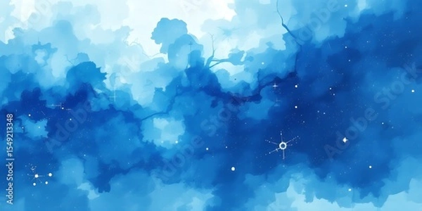 Obraz Abstract watercolor painting featuring shades of blue with cloud like formations and stars
