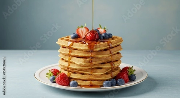 Fototapeta Golden-brown waffles stacked high, drizzled with maple syrup and adorned with fresh strawberries and blueberries, create a mouthwatering breakfast scene.