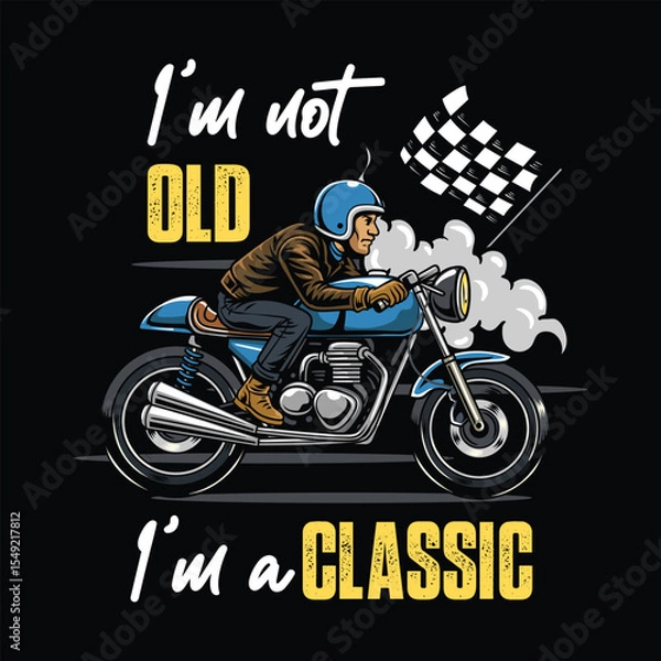 Fototapeta A masculine Man wearing open face crash helmet and jacket riding a blue retro cafe racer motorcycle from side view cartoon illustration